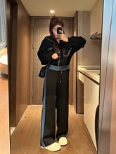 胖特大码斤休闲运动装套装女秋冬季加绒加厚牛仔拼接两件套