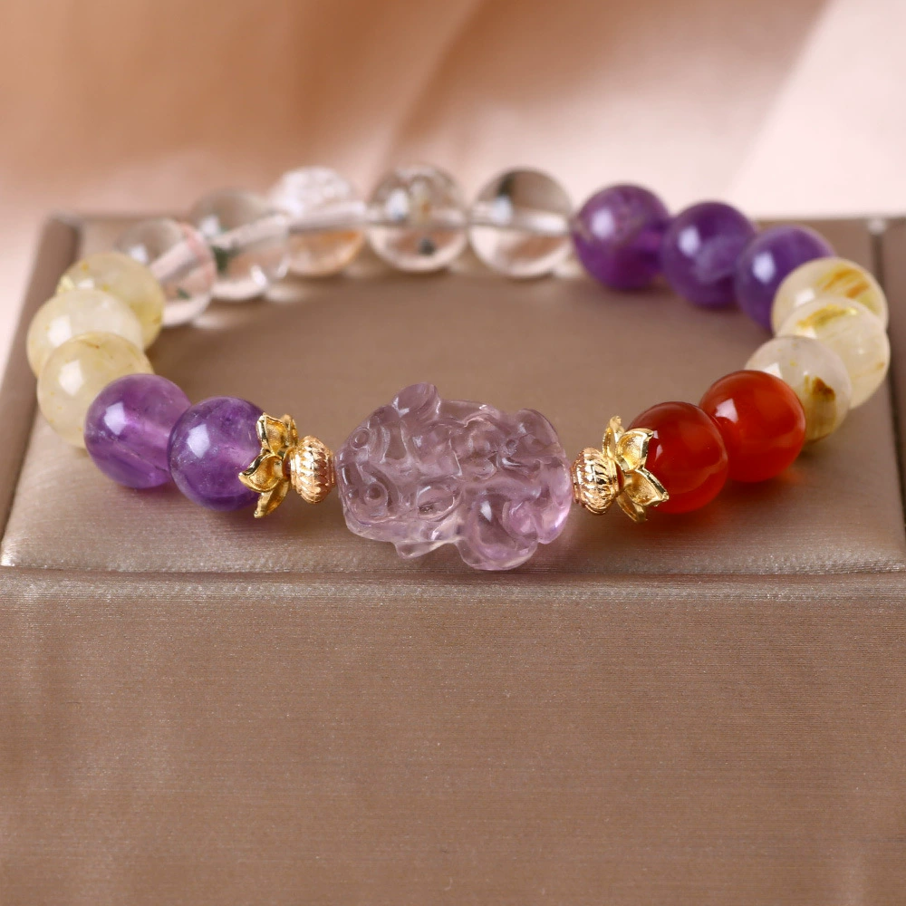 Браслет из блондинистого призрачного камня, натуральный аметист, кулон Pixiu, женский браслет высокого класса, нишевые красочные изысканные ручные украшения
