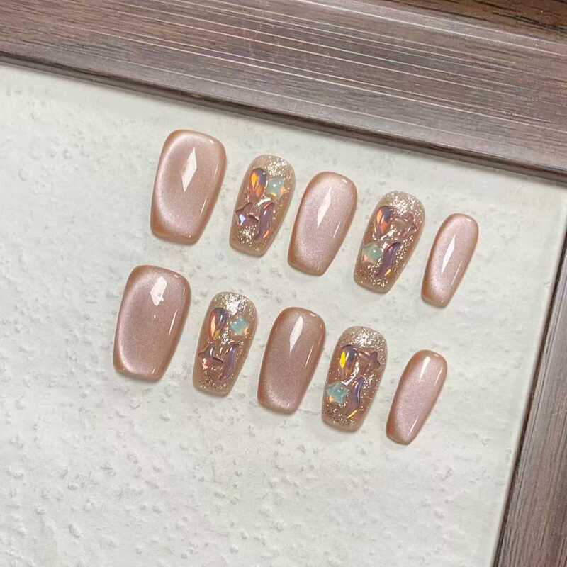 Jia Duoduo【Grapefruit Cat Eye】Wearable Nails Purely Handmade, Whitening Effect, High-End Feel, Summer Nail Art Cat Eye Nail Tips