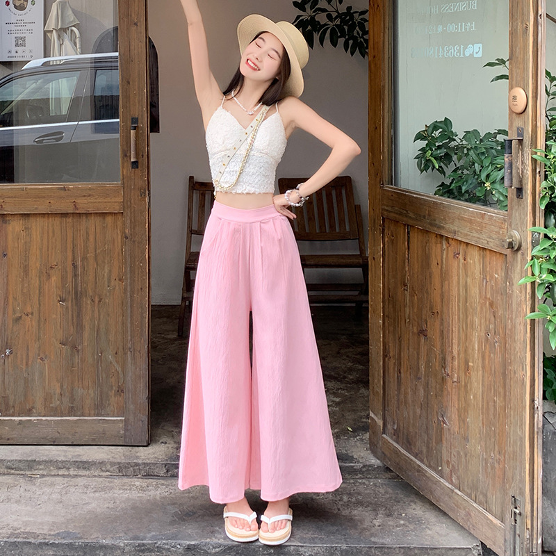 Thin wide leg pants, ice silk mid length skirt pants, women's summer new high waisted slim casual cropped loose half length pants skirt