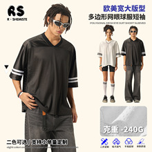 RS男装|跨境“千禧年”V领复古镂空短袖欧美条纹撞色短袖t恤男Tee