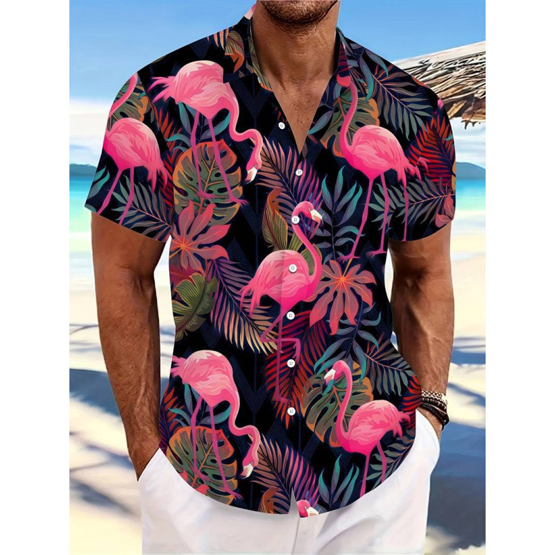 Cross-Border Foreign Trade 3D Printed Men's Shirt Summer Hot Sale Flamingo Pattern Lapel Shirt Sun Protection Top Short Sleeve