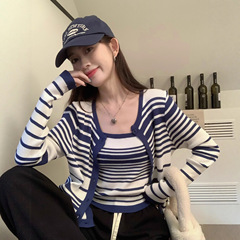 撞色条纹长袖针织开衫女韩版气质早秋内搭打底吊带背心上衣两件套
