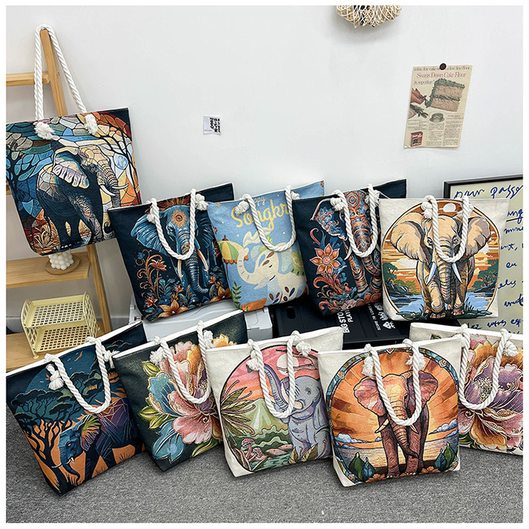 300g Weight Polyester Lining Material Zipper Closure Type Single Shoulder Strap Strap Type Tote Bag Bags Type Holiday, Travel Occasion Canvas Material Elephant Pattern All Seasons Season Women's Gender Ethnic Style, Classic Style Style Square Shape Medium Size Women's Medium Canvas Elephant Ethnic Style Classic Style Square Zipper Tote Bag 32