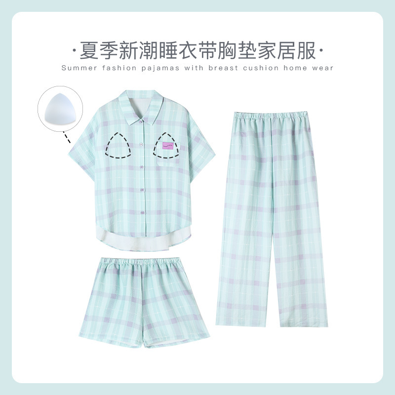 Li Yin Niche Designer's New Bubble Foam Women's Pajamas Summer Short-Sleeved Three-Piece Set for Going Out and Home Wear