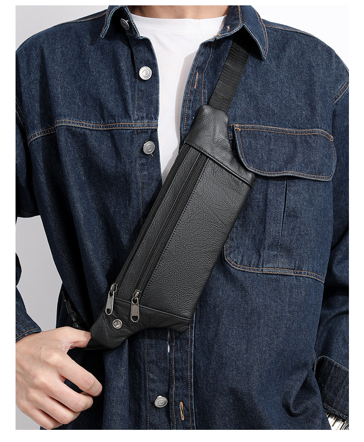 94g Weight Polyester Lining Material Sewing Thread Fashion Element Zipper Closure Type Sling Strap Strap Type Fanny Pack Bags Type Casual Occasion Genuine leather Material Solid Color Pattern All Seasons Season Men's Gender Streetwear Style Square Shape Men's Streetwear Solid Color Genuine Leather Men's Waist Bags 15