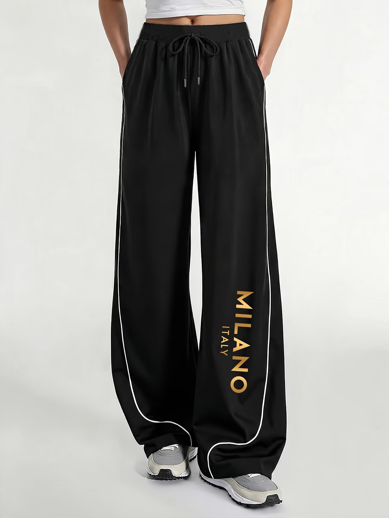 Gold Milan Print Loose-fitting Spring And Autumn Women's Casual Elastic Waist W'w Wide-leg Pants_ecoleips.com