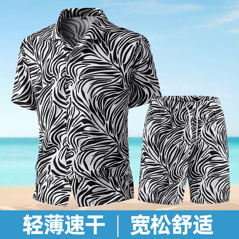 Summer floral print men's loose-fitting casual shirt, trendy beach shorts, quick-drying set, cross-border e-commerce.