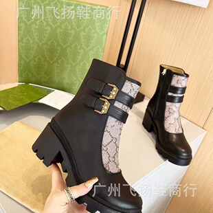 2024 European and American Autumn and Winter New Stitching Round Head Thick Heel Increased Slimming Elegant All-match High Heel Martin Boots Short Boots for Women