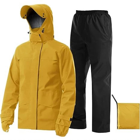 Waterproof, breathable, lightweight two-piece raincoat set with detachable hood, suitable for hiking, fishing, cycling, and motorcycling