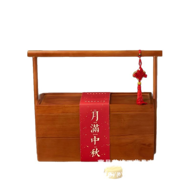 木製月餅箱ポータブル二層スナック菓子包装箱お土産バスケット中秋節月餅ギフトボックス|undefined