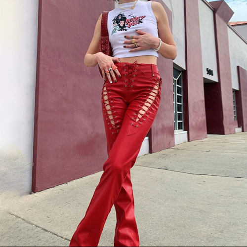 Eurasian 2025 Summer Fashion Trend Women's High-Waisted Hollowed Belted Straight Leg Tied Ankle Slimming Leather Pants