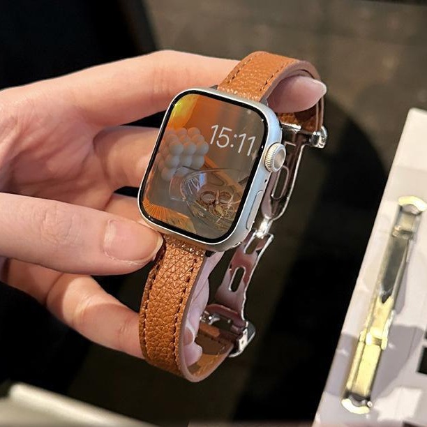 Suitable for Apple AppleWatch watch leather strap folding buckle iwatchs876 generation SE strap thin female