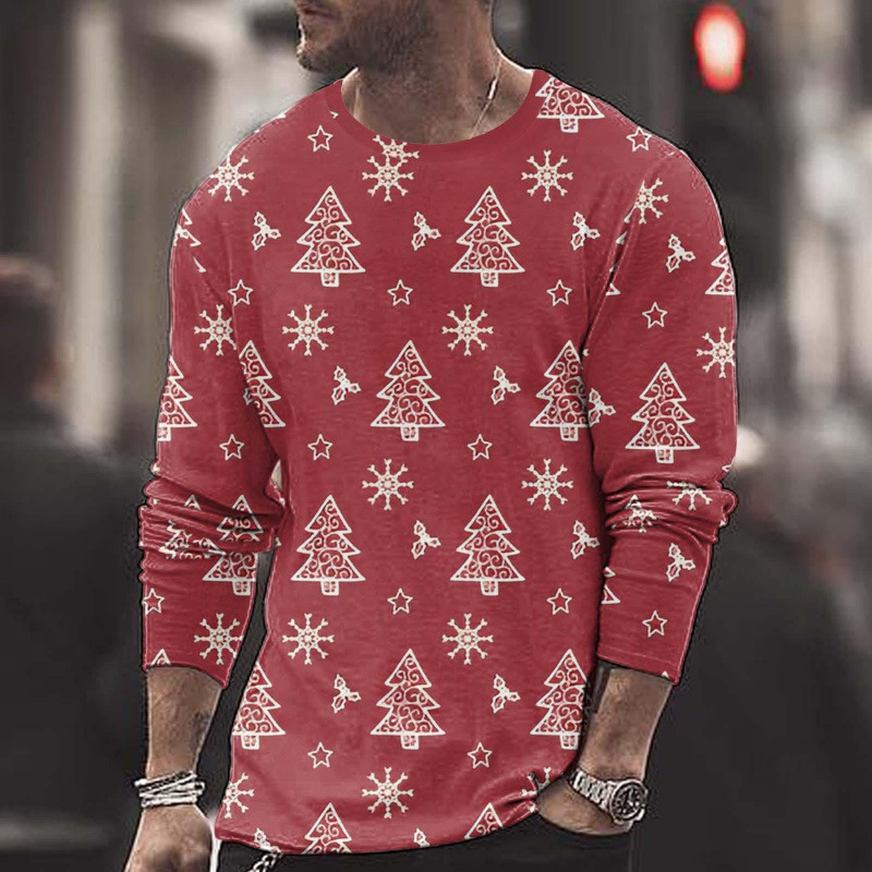 Cross-Border New Amazon Christmas Men's European and American Long-Sleeved Round Neck T-Shirt Christmas Printed Men's 3D Long-Sleeved T-Shirt Cross-Border New Amazon Christmas Men's European and American Long-Sleeved Round Neck T-Shirt Christmas Printed Men's 3D Long-Sleeved T-Shirt