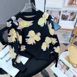 潮牌复古泡泡袖针织衫刺绣2023春秋打底衫女短款高腰圆领长袖上衣