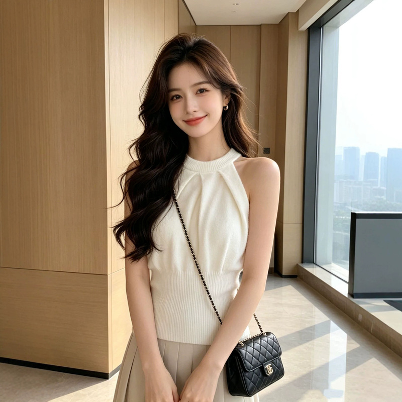 Korean Style Women's Half-High Collar Cut-Out Shoulder Halter Neck Knitted Vest Faux Mink Fur Pullover Slim Fit Top Korean Style Women's Half-High Collar Cut-Out Shoulder Halter Neck Knitted Vest Faux Mink Fur Pullover Slim Fit Top