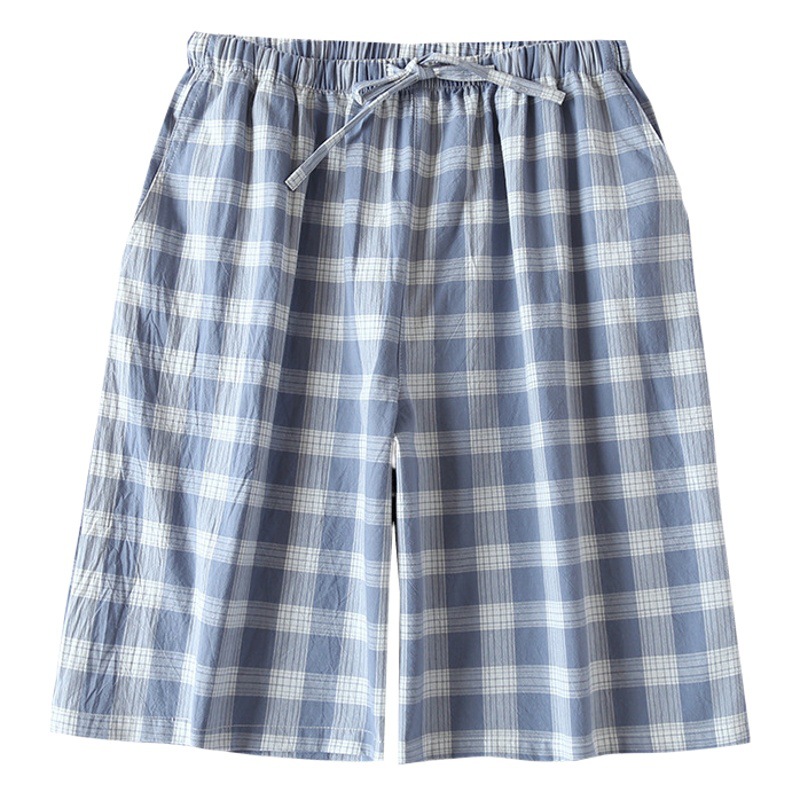Japanese Style Plaid Pajama Shorts Men's Summer Thin Pure Cotton Loose Washed Cotton Home Cotton Gauze Home Pants