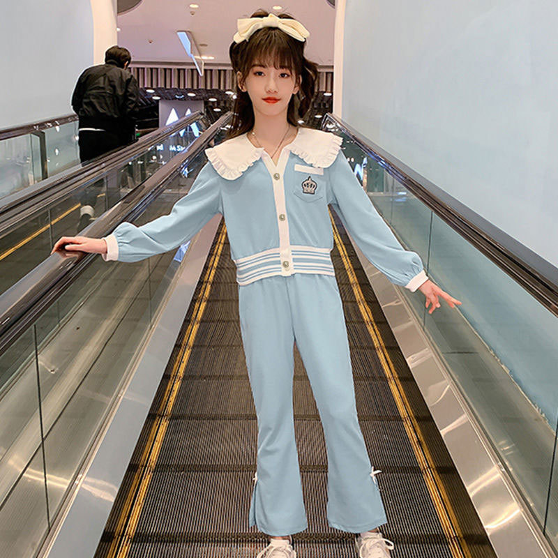 여자 봄 정장 2024 새로운 스타일 어린이 대학 스타일 카디건 플레어 바지 어린 소녀 캐주얼 투피스 세트