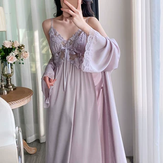 冰丝睡衣女春秋长款吊带睡裙睡袍两件夏季纯欲性感带胸垫长裙长袍