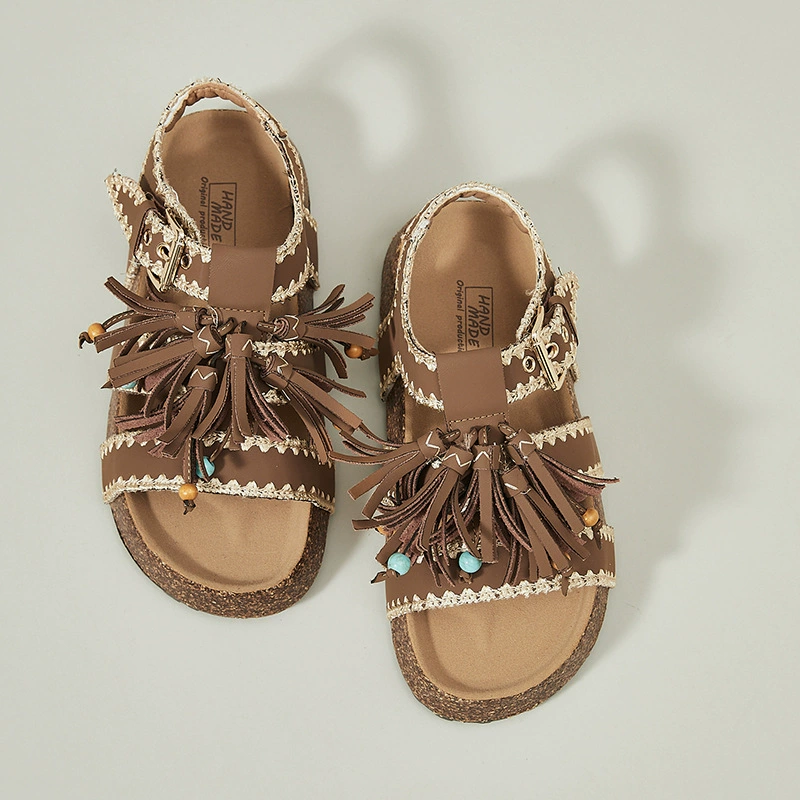 Пляжные сандалии Birkenstock 2025 Platinum New Summer Round Toe Korean Ethnic Style Tassel Roman Thick Sole Embroidered