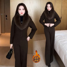 时尚套装女2024冬季新款加棉加厚可拆卸毛领短外套阔腿裤两件套潮