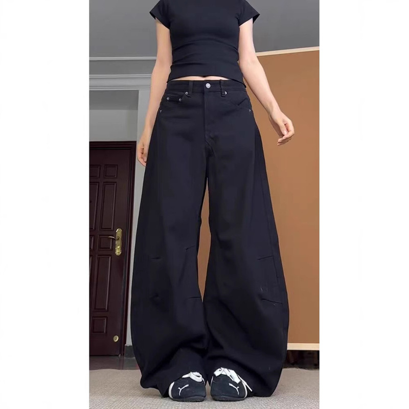 American Retro Black Silhouette Scimitar Jeans for Women New High Street Loose Slimming Straight Wide Leg Pants