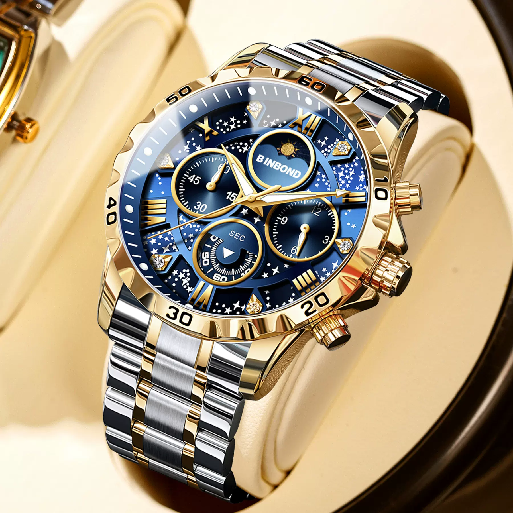 BINBOND宾邦男士手表钢带月相星辰夜光防水跨境外贸跨境石英表