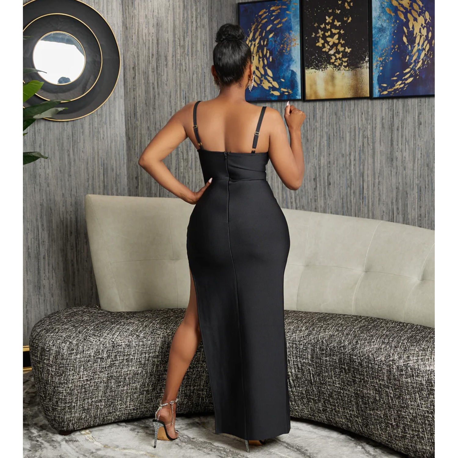 C6653 transfronteriza AliExpress Amazon moda europea y americana de las mujeres de color sólido de malla vestido de vendaje hueco vestido