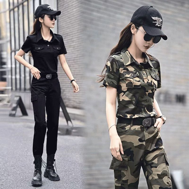 迷彩服新款套装夏季女士短袖显瘦休闲工装长裤时尚水兵舞服两件套