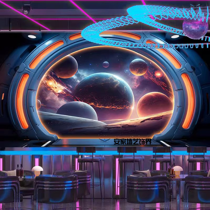 星空主题壁纸太空舱宇宙壁布科技感网吧装饰画银河系行星背景墙纸|undefined
