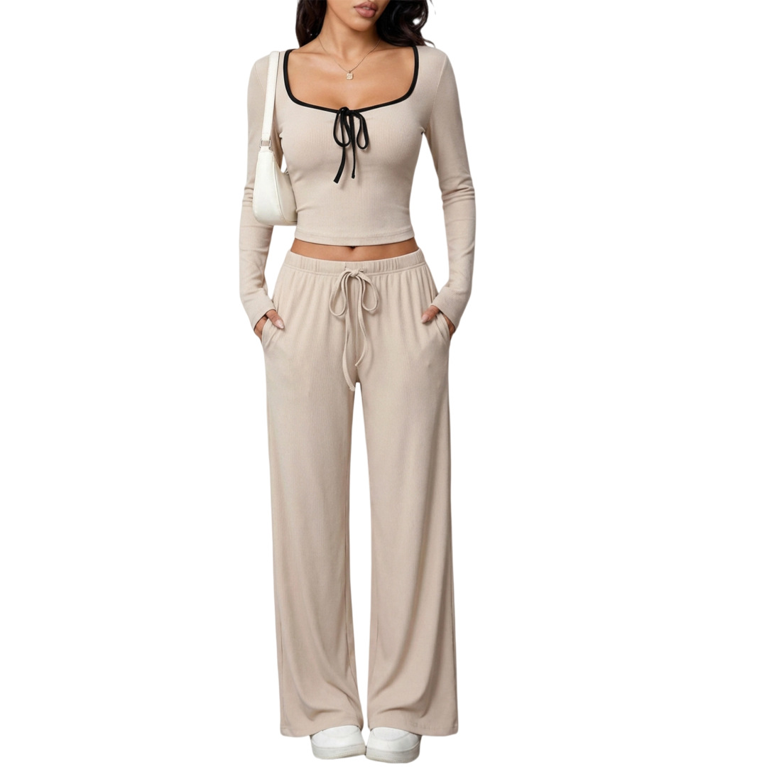 Zweiteiliges Damen-Set: Sexy geripptes Crop-Top mit hochgeschnittener Hose, schulterfreiem Langarm-Rollkragenpullover – perfekt für Herbst und Winter_voghion.com