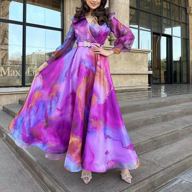 2025 primavera y verano nuevo estilo de comercio exterior europeo y americano estampado vestido de malla de gran swing viaje vestido de mujer de talla grande europeo y americano