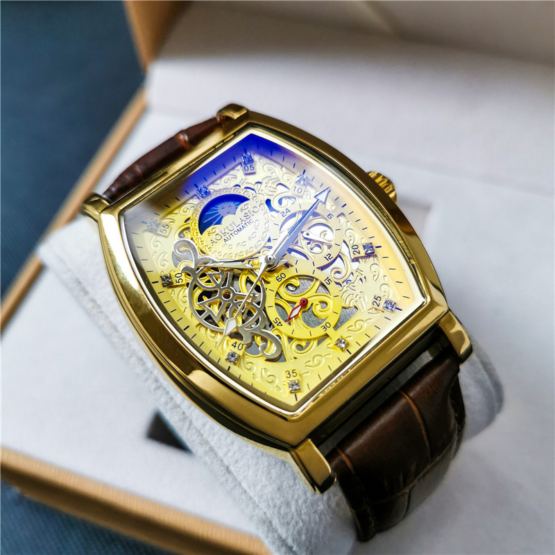 Barril de vino Reloj mecánico automático hueco-hacia fuera transparente azul claro vidrio luminoso de cuero impermeable de los hombres hebilla de mariposa Mesa multifunción