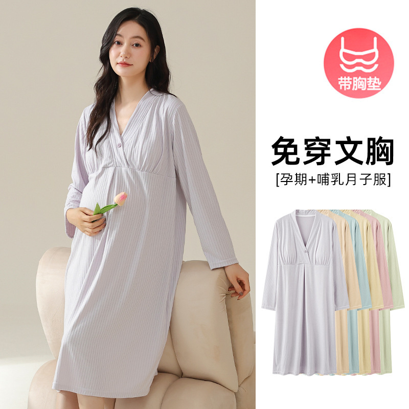 Deer Breastfeeding Nightgown Modal with Chest Pad Spring and Autumn Pregnant Women's Pajamas Summer and Postpartum dress