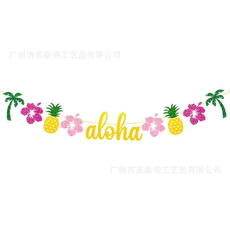 Decoración de fiesta de cumpleaños hawaiana transfronteriza bandera de dibujo decoración de cumpleaños de verano props banderas flamencos