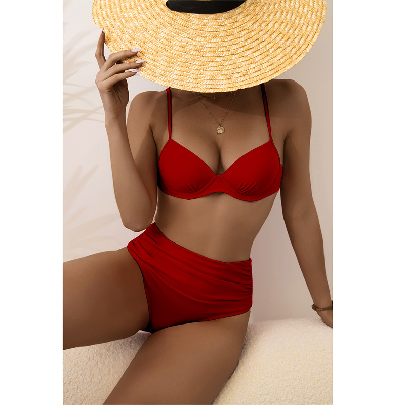 Solid Color Pattern New Foreign Orders Europe And The United States   Bikini Swimsuit Women's Split Sexy High Waist Bikini