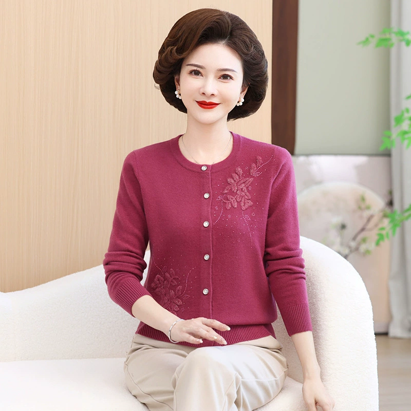 Средний и пожилой женский свитер с длинными рукавами кардиган свитер мама осень и зима большой размер свитер с круглым вырезом женский топ