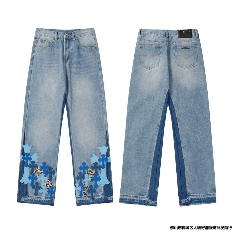 24Chrome Hearts New High Version Cru Jeans high quality Cross Horn Denim Pants