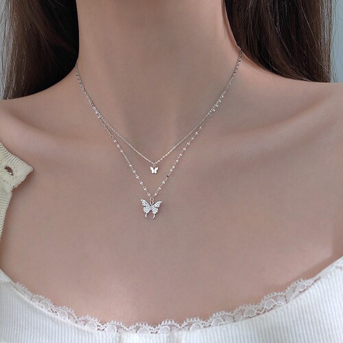 Butterfly double-layer necklace women's niche design temperament silver-plated jewelry ins cold style clavicle chain
