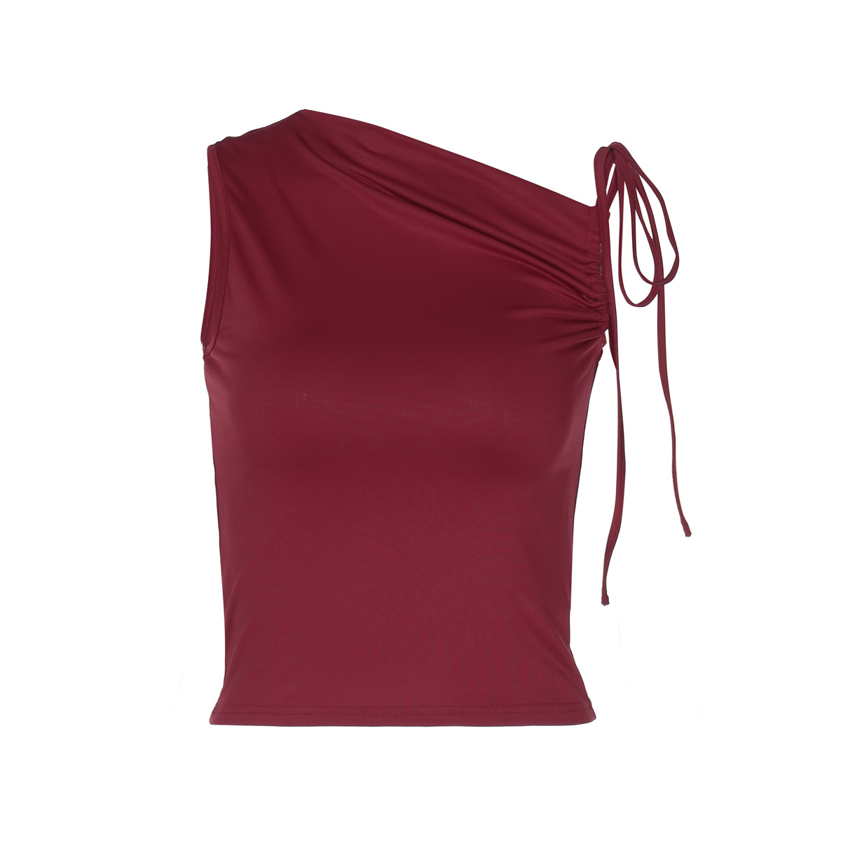 202 Winter New Fashionable Unique Asymmetrical Neck Drawstring Tie Sleeveless Ruched Crop Top Wholesale_voghion.com