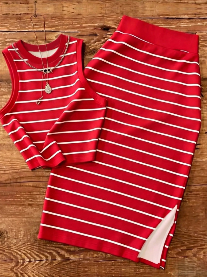Blusa corta sin mangas de punto roscado para mujeres transfronterizas con traje de falda corta casual y elegante juego de dos piezas