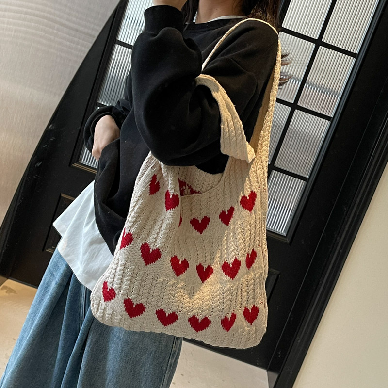 New Cross-Border Knitted Woven Heart-Shaped Women's High-End Exquisite Yarn Handbag Shoulder Shopping Bag_voghion.com