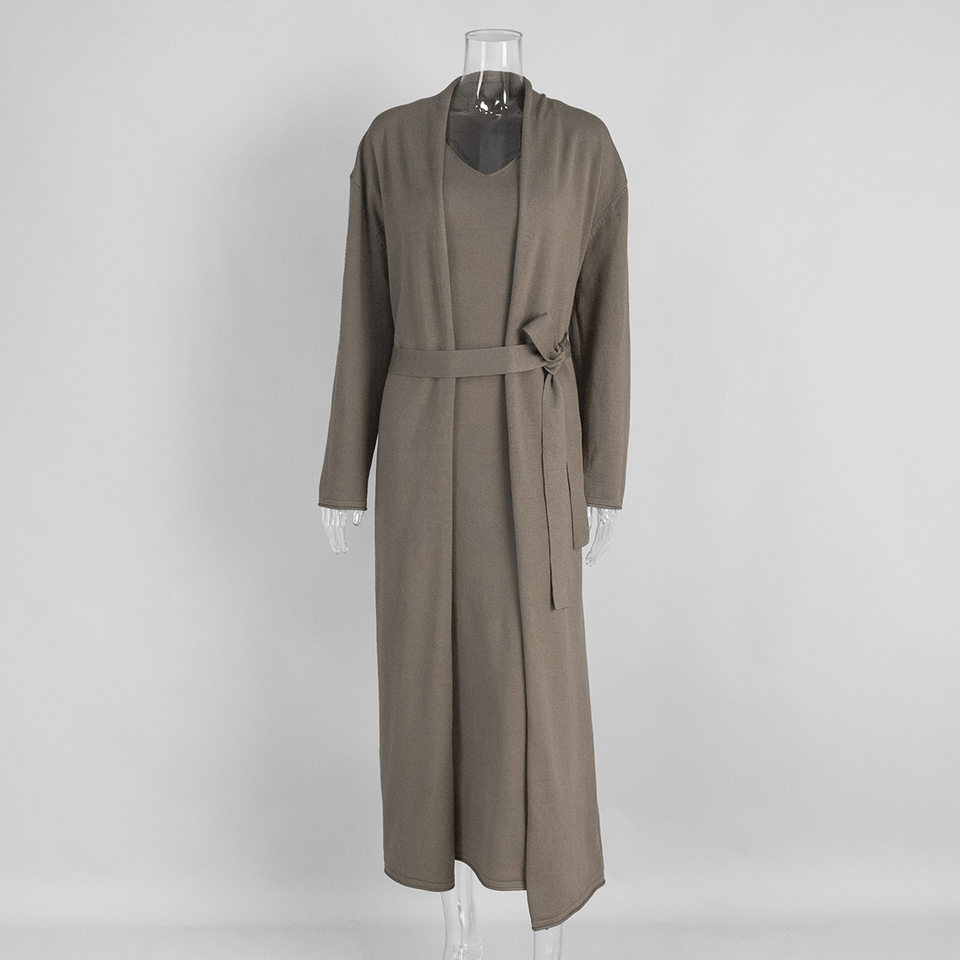 Bộ đầm dài kèm áo cardigan dệt kim dài tay nữ — Màu cà phê đậm, Màu hồng, Màu trắng, Màu xám chi tiết 18