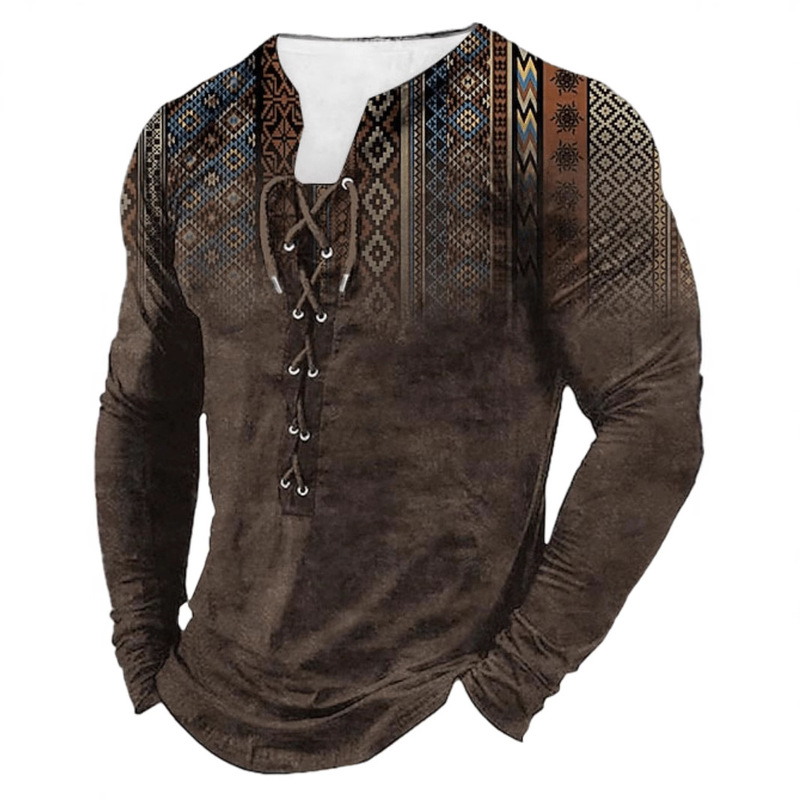 Independent Station Amazon Cross-Border Men's Retro Metal Eyelet Lace-Up Long-Sleeved T-Shirt Autum Printed Casual Top