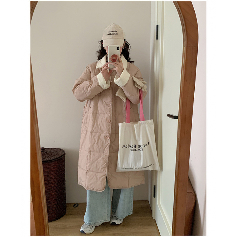 羽绒棉服女中长款过膝冬新款韩版轻薄寸衫领宽松显瘦棉服外套|undefined