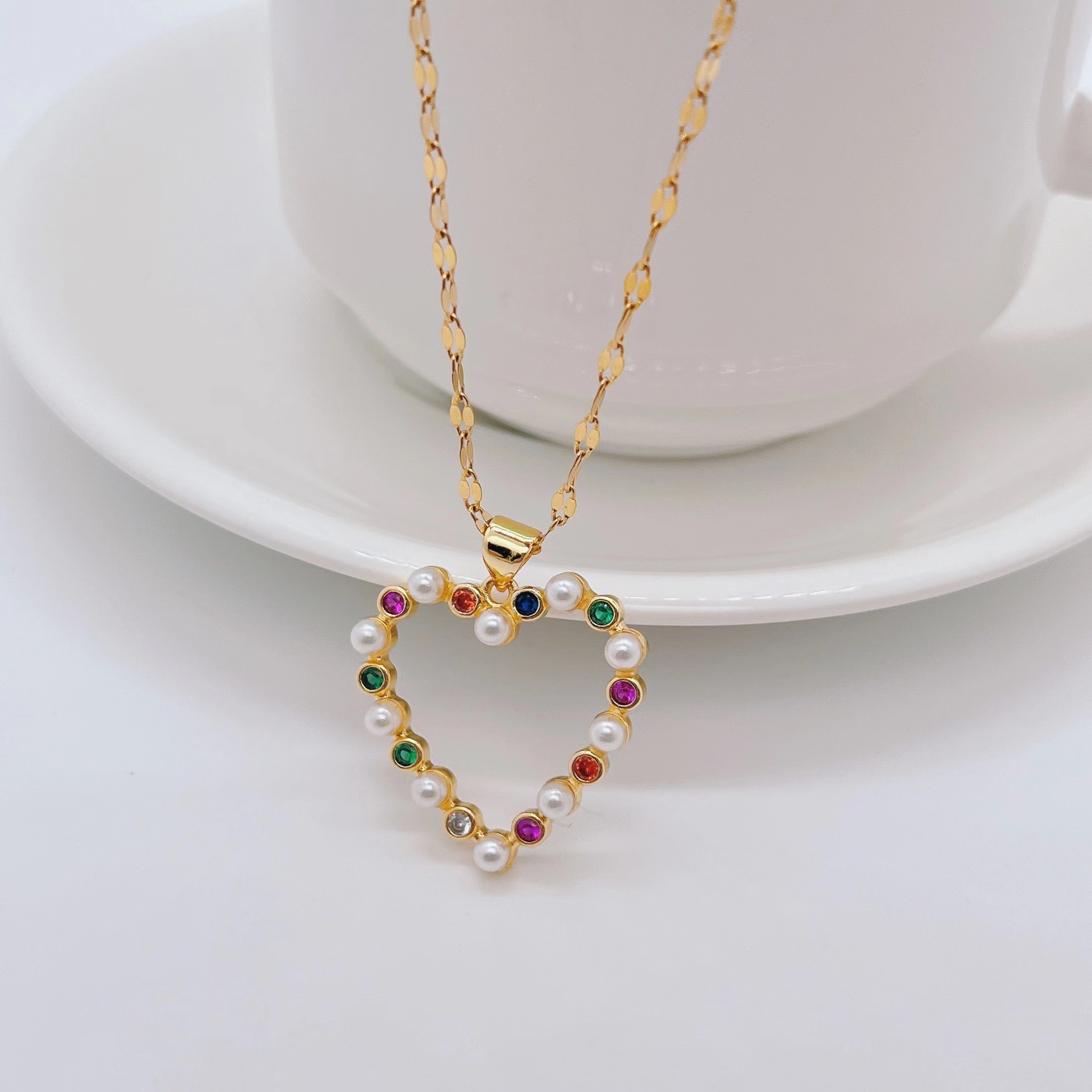 Vacation Devilu0027S Eye Heart Shape Titanium Steel Necklace Inlay Artificial Pearls Zircon Stainles