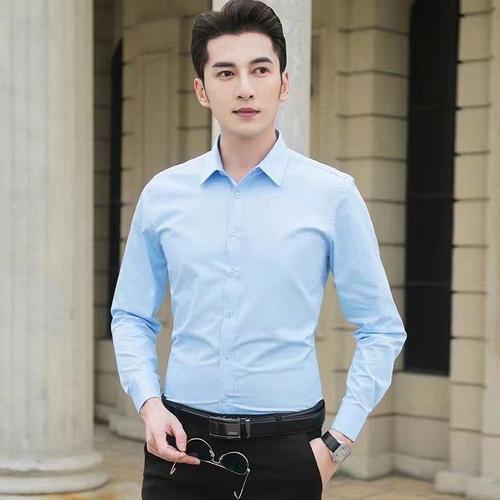 Student Youth Han Version Slim Fit Solid Color Long Sleeve Shirt Men Iron-Free Business Formal Solid Color Work Uniform Shirt