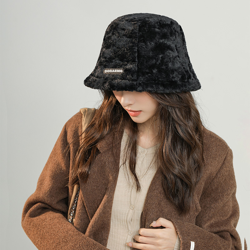 New Winter Plush Hat, Fashionable Women's Style, Autumn Small Black Label, Warm Basin Hat, Furry Fisherman Hat, Winter Women's Style_voghion.com