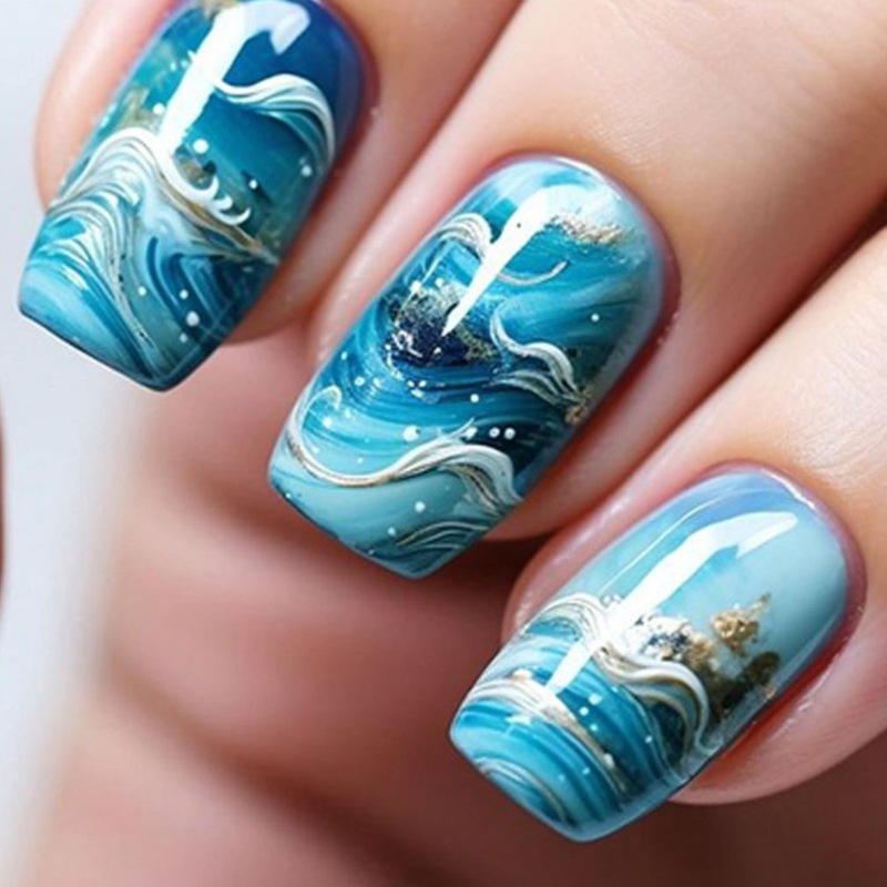 Wearable Nails European Square Light Blue Wave Pattern Detachable Fake Nails Manicure Nails Wholesale Nail