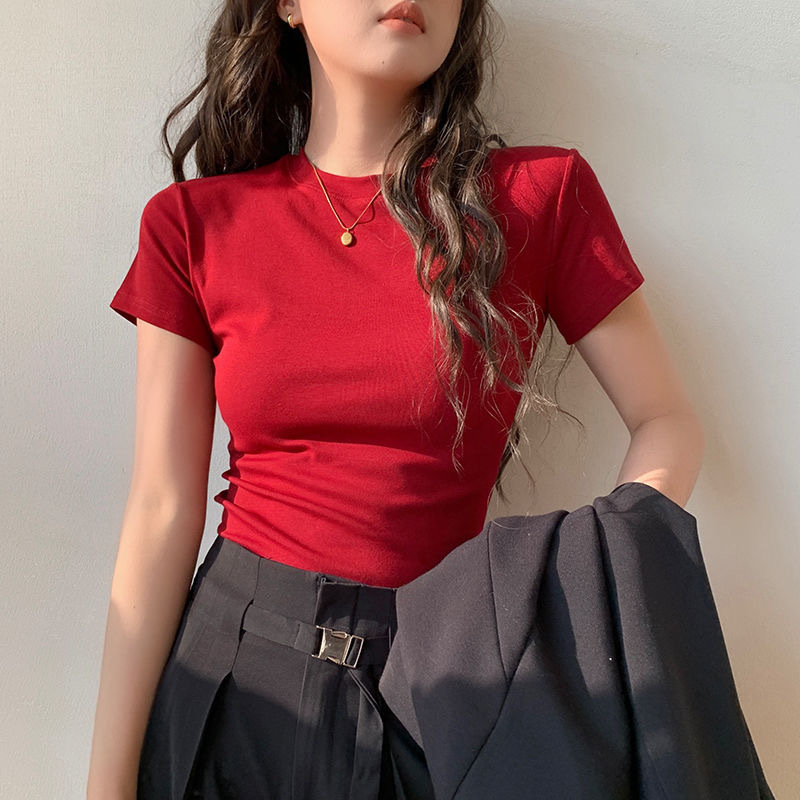 Body-Shaping Waist-Cinching Straight-Shoulder T-Shirt for Women 2026 Korean Version High-Elastic Slim-Fit Slimming Red Short-Sleeve Foreign Trade Women's Top